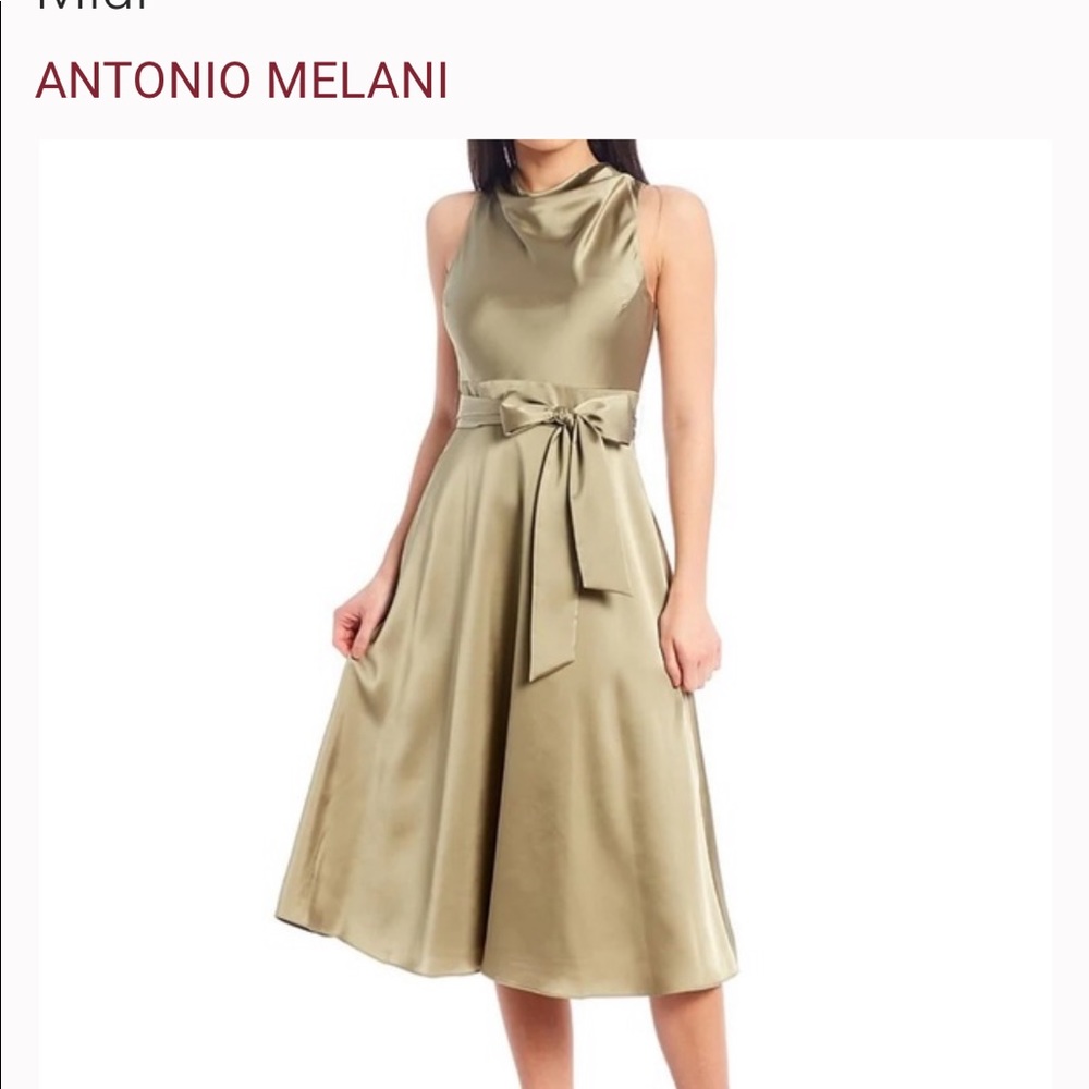 Antonio Melani Kinnon Drape Neck Satin A-Line Midi
